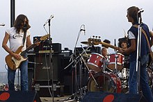 Leño playing live in 1981. From L-R: Rosendo Mercado (guitar), Ramiro Penas (drums) and Tony Urbano (bass).