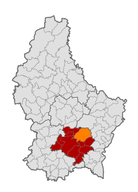 Map of Luxembourg with Niederanven highlighted in orange, and the canton in dark red