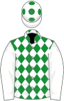 Green, white diamonds and sleeves, white cap, green spots