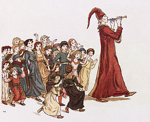 An illustration by Kate Greenaway that accompanied Robert Browning's version of the Pied Piper of Hamelin.