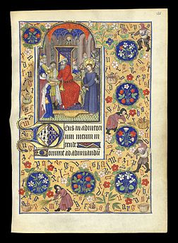 Le 135e feuillet de l'Horae ad usum romanum, livre d'heures de Marguerite d'Orléans. Il représente Ponce Pilate se lavant les mains du sort de Jésus avec, autour, des paysans collectant des lettres de l'alphabet (c. 1426-1438, Maître de Marguerite d'Orléans). (définition réelle 3 726 × 5 088)