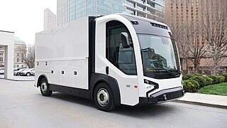 REE Automotive P7-C class 4 electric truck parked outside the Indianapolis convention center.