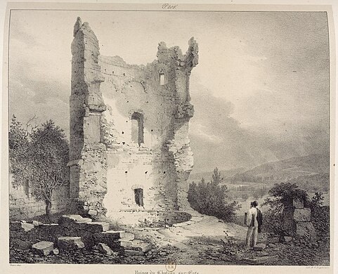 Gravure en noir et blanc représentant le donjon de Châteauneuf-sur-Epte, en ruines. La partie droite est effondrée. Un homme se tient de dos au premier plan. Il porte un haut de forme et un carton à dessin.