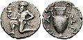 Thasischer Trihemiobolus, Silber: Satyr/Amphore, etwa 411-350 v. Chr. (Le Rider: Thasiennes 27), SNG Kopenhagen 729586, (0.77 g)