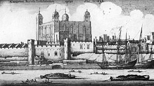 1847 drawing of the Tower of London on the River Thames