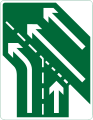 Additional traffic lanes joining from the right ahead. Traffic in the right-hand lane joins the main carriageway. Traffic on the main carriageway has priority over joining traffic (primary route)