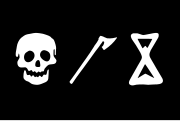 Interpretation of a pirate flag described by William Falconer (1732–1769) as, "[t]he colours usually displayed by pirates are laid to be a black field, with a death's head, a battle-axe and hour-glass."[37]