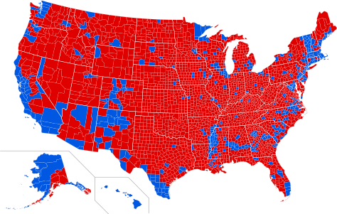 Results by county. Red denotes counties that went to Trump; blue denotes counties that went to Clinton.