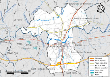 Carte en couleur présentant le réseau hydrographique de la commune