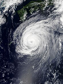 Satellite image of a weakening Typhoon Jebi, with Japan visible at the top of the image.