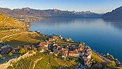 Vue sur les vignobles en terrasses de Lavaux et le village de Rivaz, sur les bords du Léman (canton de Vaud). (définition réelle 5 463 × 3 073)