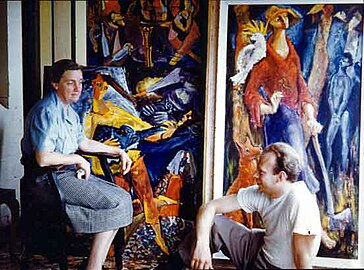 Artist Peter Graham in his studio with his mother as model (1952)