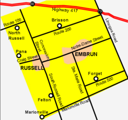 Map of Russell Township with Russell village on the left