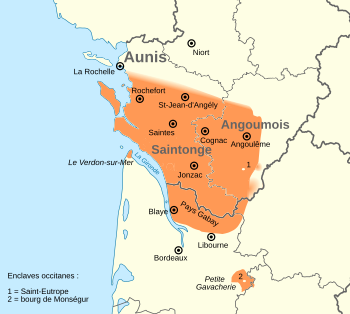 Carte représentant l'aire linguistique du saintongeais dans les Charentes et le Nord-Gironde.