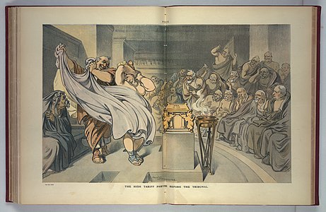 1908: The High Tariff Phryne Before the Tribunal by Udo J. Keppler, Puck, v. 64, no. 1658 (9 December 1908)