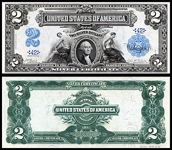 Two-dollar silver certificate from the series of 1899, by the Bureau of Engraving and Printing