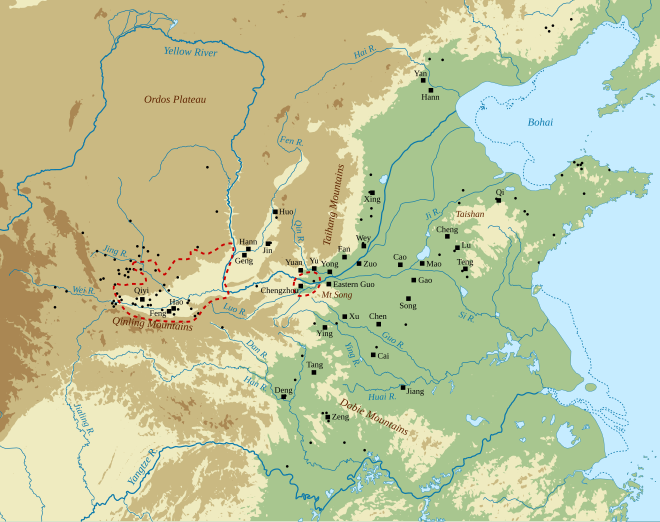 Relief map of the north China plain, with scattered sites and dashed outline around the lower Wei valley and eastern settlement of Luoyi