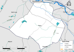 Carte en couleur présentantle réseau hydrographique de la commune