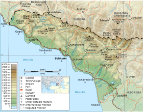 Carte topographique de l'Abkhazie, avec la frontière abkhazo-géorgienne à l'est.