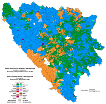 Stanovništvo Bosne i Hercegovine po naseljima prema popisu iz 1981. godine; Srbi - plava, Muslimani - zelena, Hrvati - narančasta.