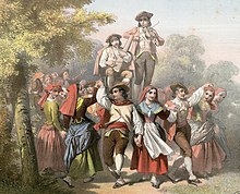 Dessin montrant des gens qui dansent sur la droite, à gauche en haut deux musiciens.
