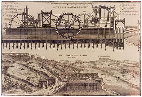 Elevation and perspective of the Machine de Marly (c. 1715) by Nicolas de Fer