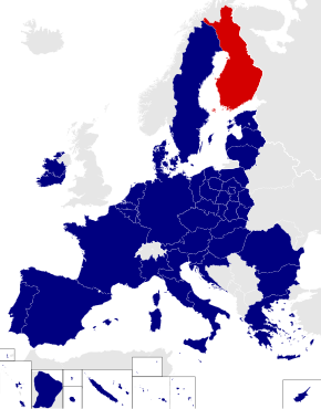 Map of the European Parliament constituencies with Finland highlighted in red