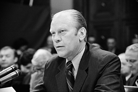 Gerald Ford at the pardon of Richard Nixon, by Thomas J. O'Halloran (edited by Durova)