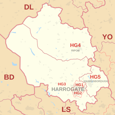 HG postcode area map, showing postcode districts, post towns and neighbouring postcode areas.