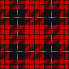 A tartan pattern with a red background, thick black stripes, and thin yellow stripes.