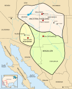 Map of Ancient Pueblo People (Anasazi) regions, including the northern Mesa Verde region and the southern Chaco Canyon region.