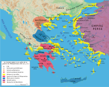 carte en couleurs de la Grèce antique, représentant les systèmes d'alliance