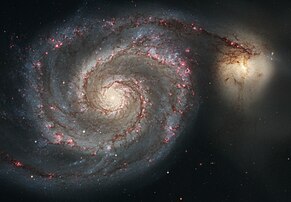 La galaxie M51 (NGC 5194), dite également « galaxie du tourbillon », est une galaxie spirale (ici photographiée par le télescope spatial Hubble) située dans la constellation des Chiens de chasse. (définition réelle 8 952 × 6 213)