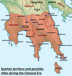 Territory of ancient Sparta before 371 BC, with Perioecic cities in blue