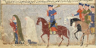 An illustration of two women, one holding a child, walking in front of four men on horses