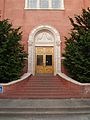 Detailed view of the front entrance to Chapman Hall, on the University of Oregon campus in Eugene, Oregon