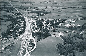 Flygfoto över bangården från 1930-talet.