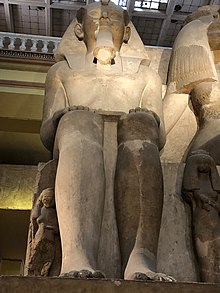 Nebetah depicted to her father's right on the Colossal statue of Amenhotep III and Tiye, the Egyptian Museum, Cairo.