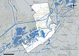 Carte en couleur présentant le réseau hydrographique de la commune