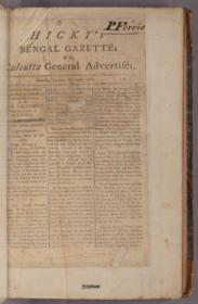 The first page of the first issue of Hicky's Bengal Gazette in a bound volume at the University of California, Berkeley's Bancroft Library