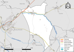 Carte en couleur présentant le réseau hydrographique de la commune