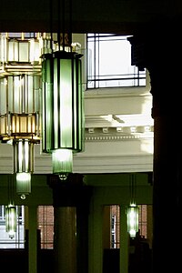 Angular chandeliers by Lanchester & Lodge (c. 1929–1936), Brotherton Library, University of Leeds, West Yorkshire, UK[144]