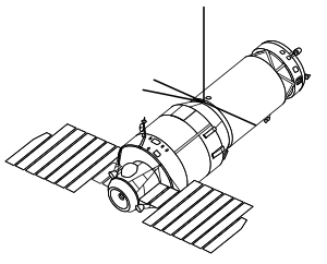 O desenho em linhas monocromáticas mostra a estação espacial, de forma cilíndrica e possuindo painéis solares extendidos para ambos os lados.