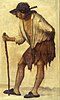 Painting of a beggar looking with one eye through a hole in his hat, dressed in rags and carrying a stick