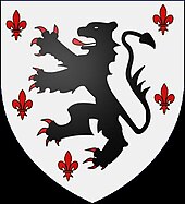 Blason montrant un lion noir dressé sur un fond blanc, avec des fleurs de lys rouges