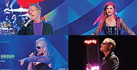 The B-52s performing live in 2011. Left to right, top to bottom: Fred Schneider, Kate Pierson, Cindy Wilson, Keith Strickland.