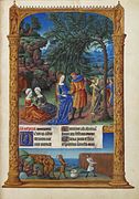 The miracles of the palm tree and corn on the Flight, from a book of hours, c. 1400