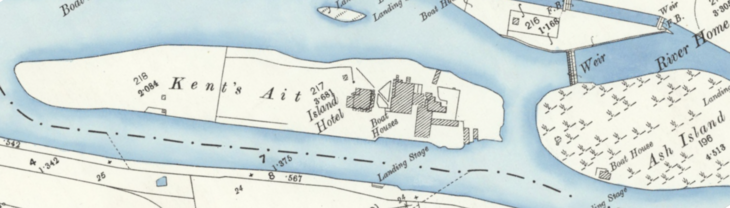 Ordnance Survey map (1897) showing Kent's Ait and the Island Hotel