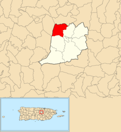 Location of Lomas within the municipality of Naranjito shown in red