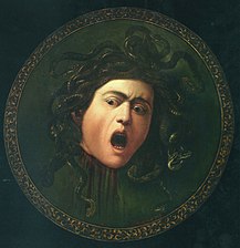 Peinture. Tête décapitée d'une Gorgone aux cheveux faits de serpents.